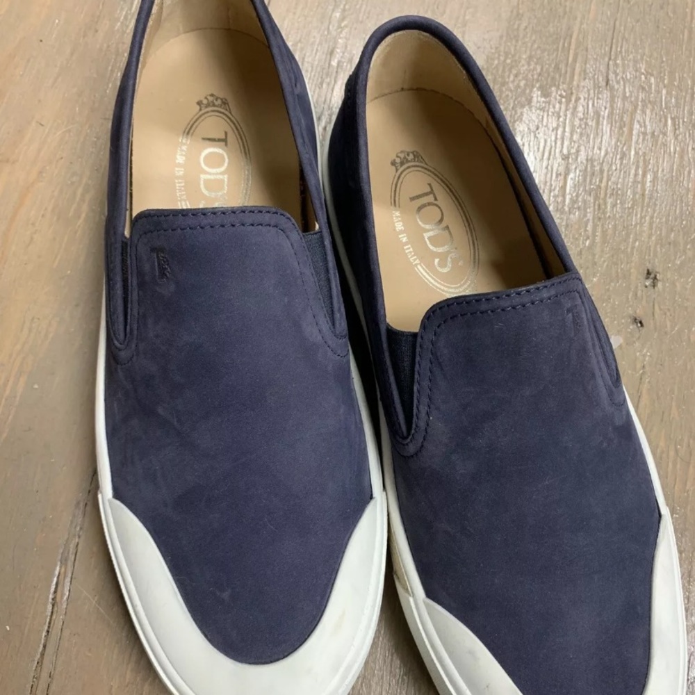 Tod’s Blue Suede Slip Ons